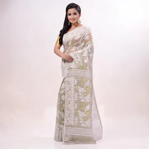 Off_White_Cotton_Handloom_Floral_Jamdani_Resham_Saree_For_Women