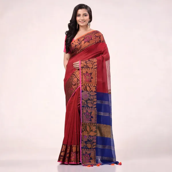 Red_Blue_Cotton_Blend_Floral_Handloom_Saree_With_Blouse_Piece_For_Women