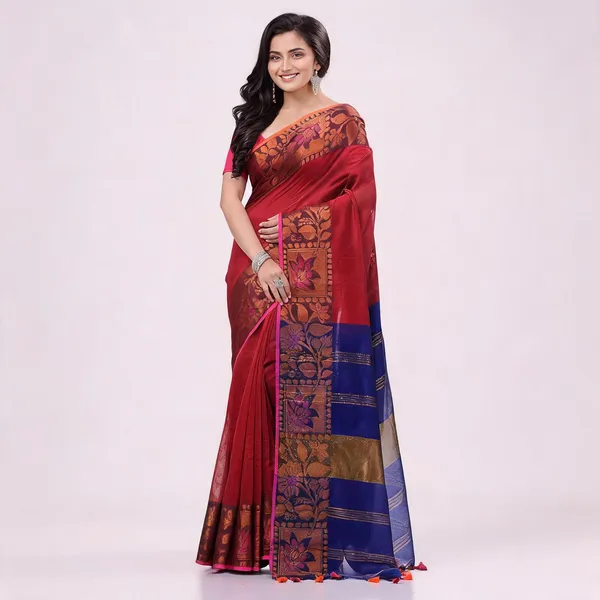 Red_Blue_Cotton_Blend_Floral_Handloom_Saree_With_Blouse_Piece_For_Women