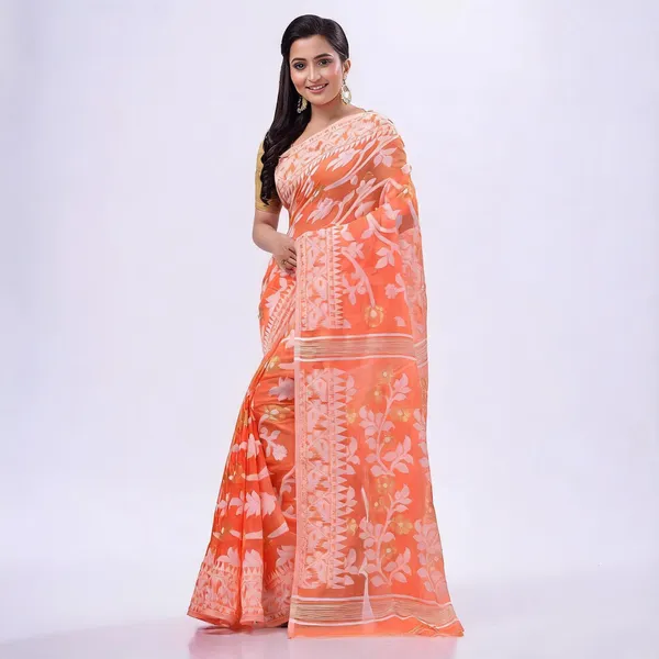 Orange_Cotton_Floral_Woven_Dhakai_Jamdani_Saree_For_Women