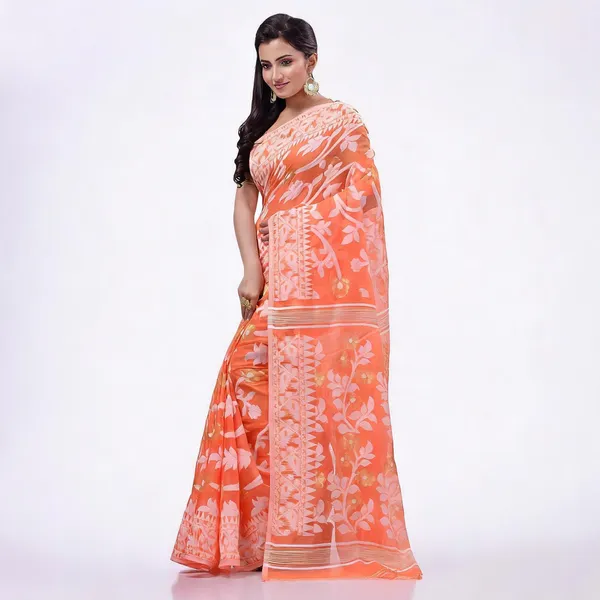 Orange_Cotton_Floral_Woven_Dhakai_Jamdani_Saree_For_Women