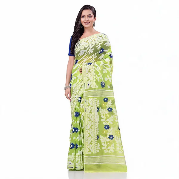 Light_Green_Cotton_Handloom_Floral_Jamdani_Resham_Saree_For_Women