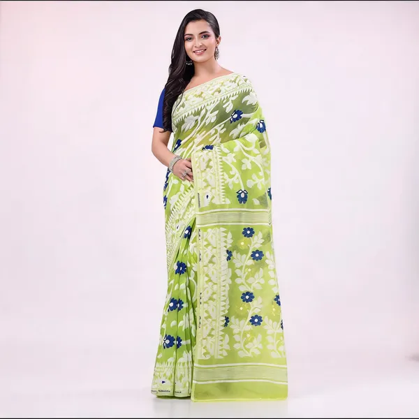 Light_Green_Cotton_Handloom_Floral_Jamdani_Resham_Saree_For_Women