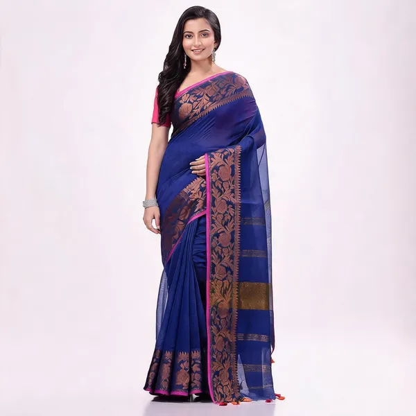 Deep_Blue_Cotton_Blend_Handloom_Solid_Saree_With_Blouse_Piece_For_Women