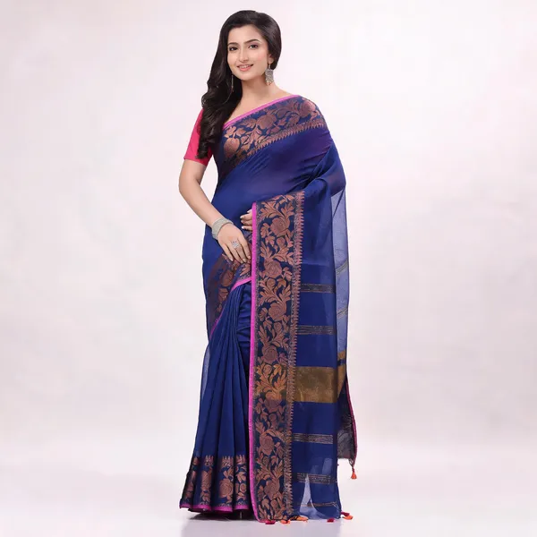 Deep_Blue_Cotton_Blend_Handloom_Solid_Saree_With_Blouse_Piece_For_Women