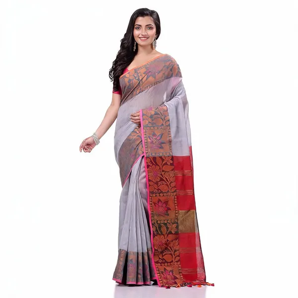 Grey_Red_Cotton_Blend_Floral_Handloom_Saree_With_Blouse_Piece_For_Women