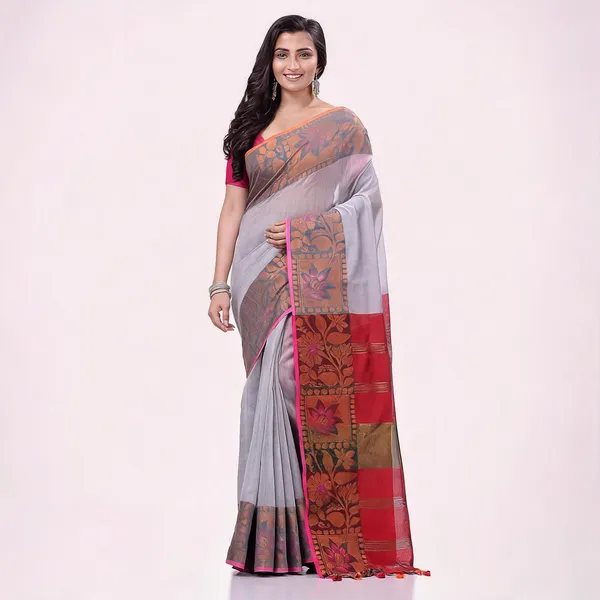 Grey_Red_Cotton_Blend_Floral_Handloom_Saree_With_Blouse_Piece_For_Women