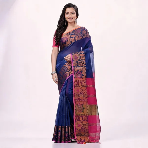 Blue_Pink_Cotton_Blend_Handloom_Floral_Woven_Saree_With_Blouse_For_Women