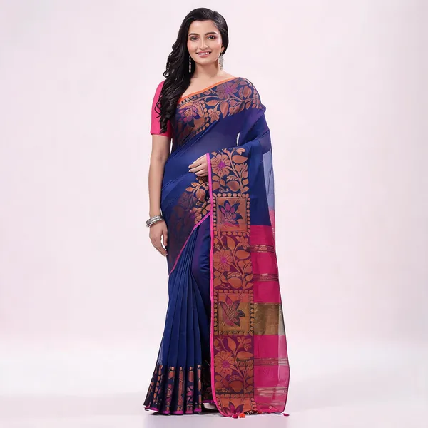 Blue_Pink_Cotton_Blend_Handloom_Floral_Woven_Saree_With_Blouse_For_Women