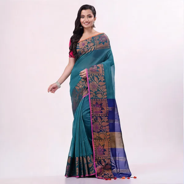 Teal_Blue_Cotton_Blend_Floral_Handloom_Saree_With_Blouse_Piece_For_Women