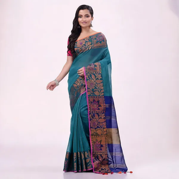 Teal_Blue_Cotton_Blend_Floral_Handloom_Saree_With_Blouse_Piece_For_Women