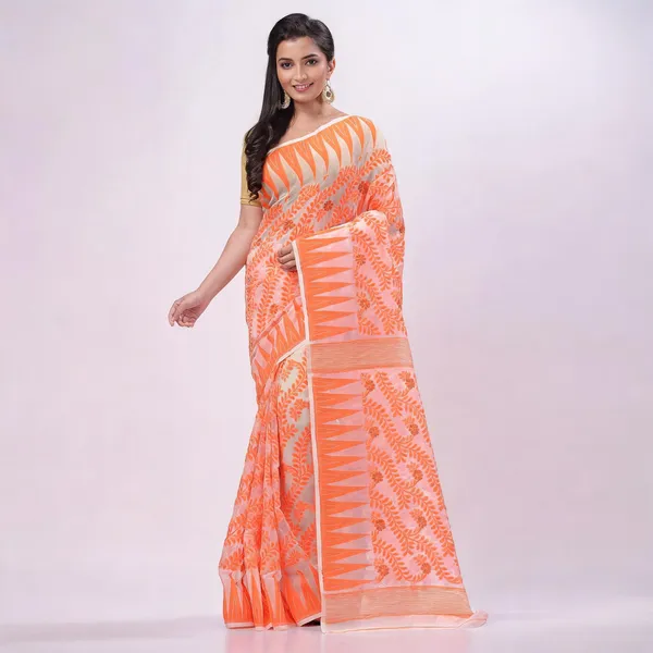 Orange_Cotton_Woven_Floral_Resham_Dhakai_Jamdani_Saree_For_Women