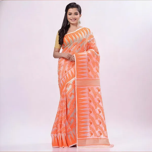 Orange_Cotton_Woven_Floral_Resham_Dhakai_Jamdani_Saree_For_Women