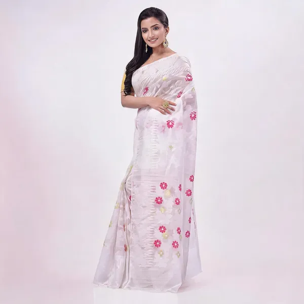 White_Cotton_Handloom_Floral_Jamdani_Resham_Saree_For_Women