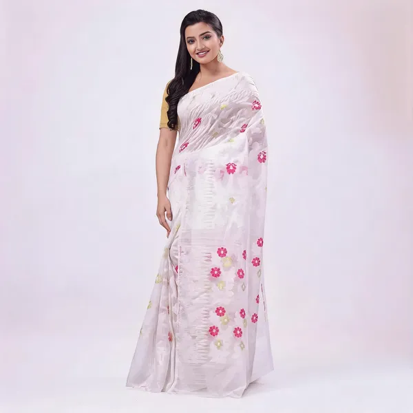 White_Cotton_Handloom_Floral_Jamdani_Resham_Saree_For_Women