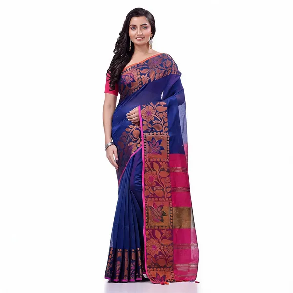 Blue_Pink_Cotton_Blend_Floral_Handloom_Saree_With_Blouse_Piece_For_Women