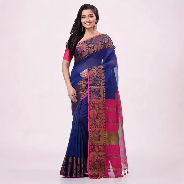 Blue_Pink_Cotton_Blend_Floral_Handloom_Saree_With_Blouse_Piece_For_Women