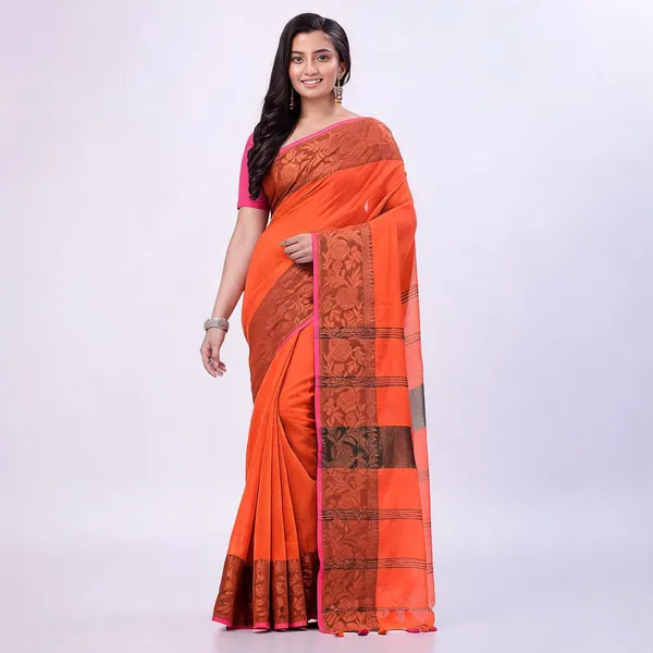 Orange_Cotton_Blend_Handloom_Solid_Saree_With_Blouse_Piece_For_Women