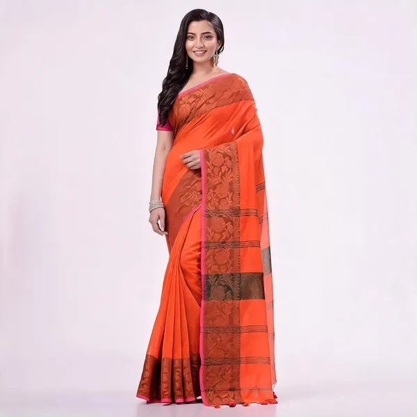 Orange_Cotton_Blend_Handloom_Solid_Saree_With_Blouse_Piece_For_Women