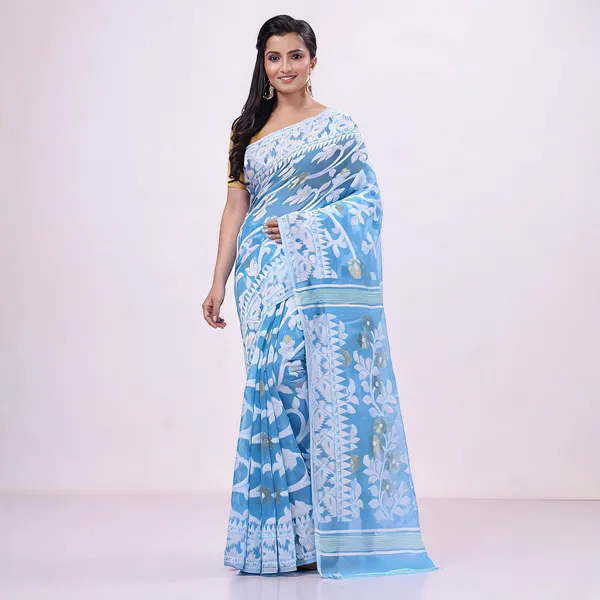 Sky_Blue_Cotton_Woven_Floral_Jamdani_Handloom_Saree_For_Women