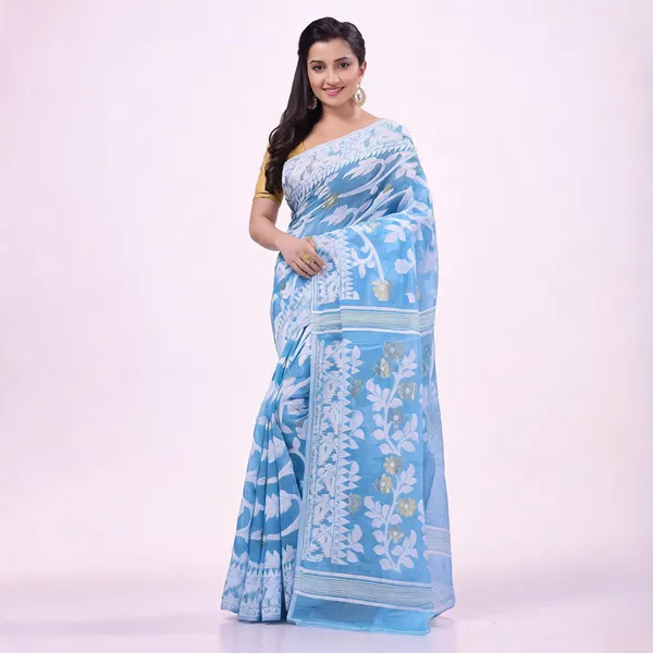 Sky_Blue_Cotton_Woven_Floral_Jamdani_Handloom_Saree_For_Women