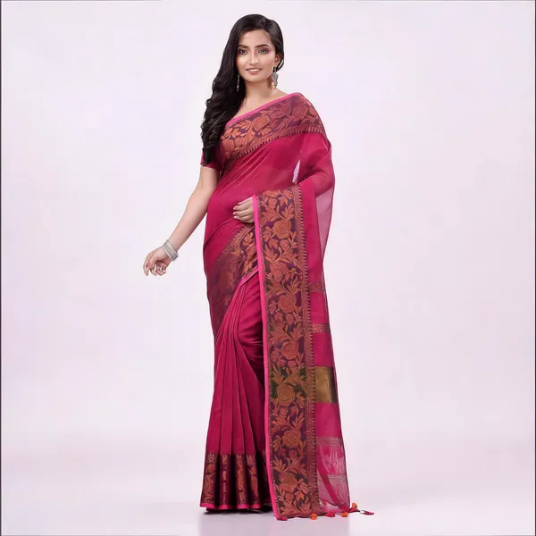 Pink_Cotton_Blend_Handloom_Solid_Saree_With_Blouse_Piece_For_Women