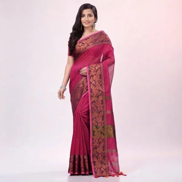 Pink_Cotton_Blend_Handloom_Solid_Saree_With_Blouse_Piece_For_Women
