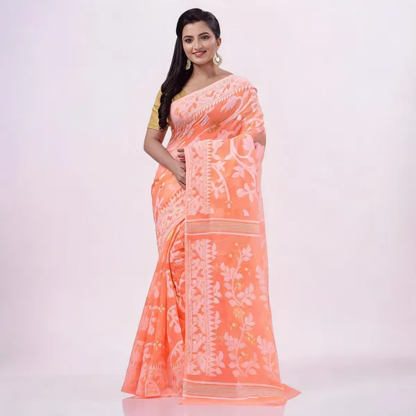 Orange_Cotton_Handloom_Floral_Jamdani_Resham_Saree_For_Women