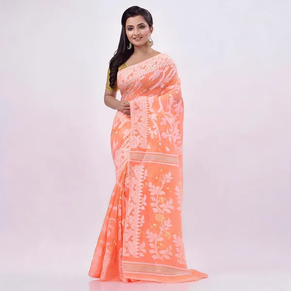 Orange_Cotton_Handloom_Floral_Jamdani_Resham_Saree_For_Women