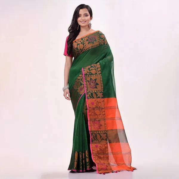 Green_Orange_Cotton_Blend_Floral_Handloom_Saree_With_Blouse_Piece_For_Women