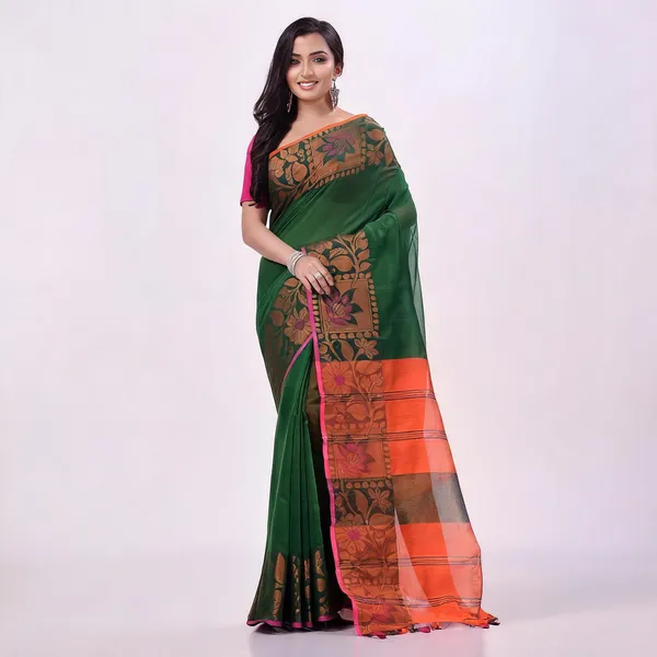 Green_Orange_Cotton_Blend_Floral_Handloom_Saree_With_Blouse_Piece_For_Women