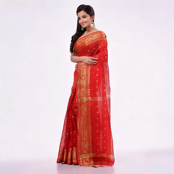 Red_Cotton_Silk_Handloom_Traditional_Saree_With_Blouse_For_Women