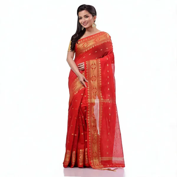 Red_Cotton_Silk_Handloom_Traditional_Saree_With_Blouse_For_Women