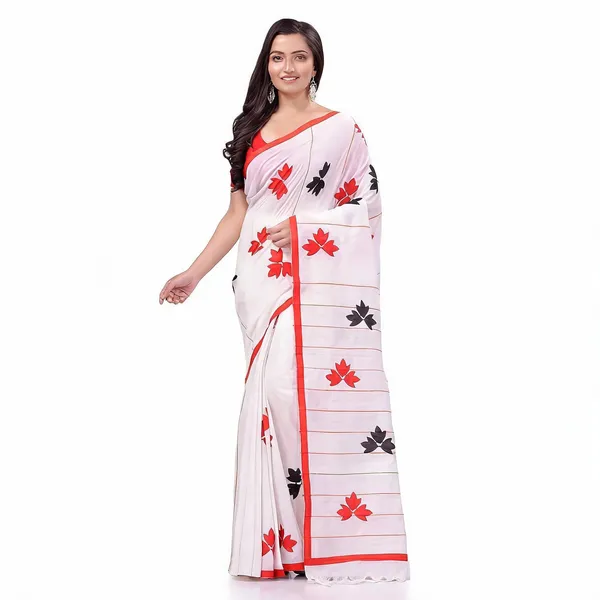 White_Red_Black_Cotton_Khesh_Handloom_Floral_Saree_With_Blouse_Piece_For_Women