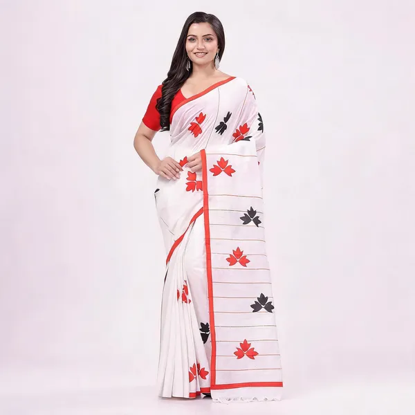 White_Red_Black_Cotton_Khesh_Handloom_Floral_Saree_With_Blouse_Piece_For_Women