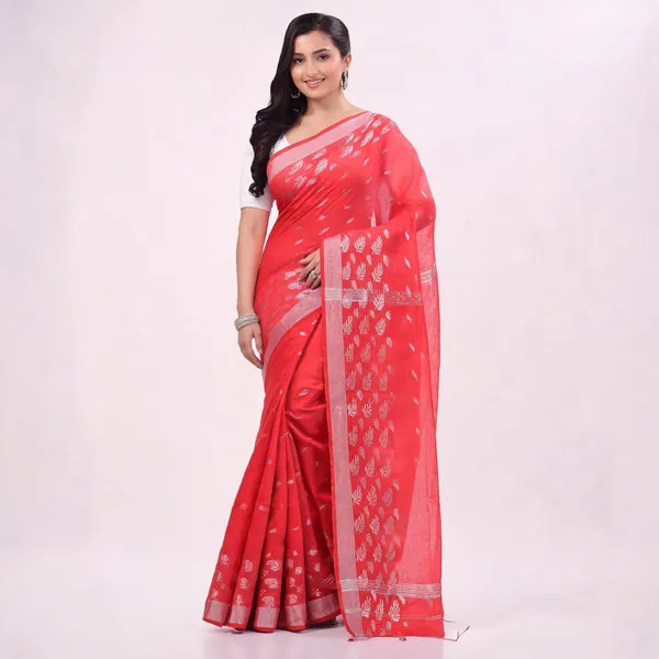 Red_Cotton_Blend_Traditional_Floral_Saree_With_Blouse_Piece_For_Women