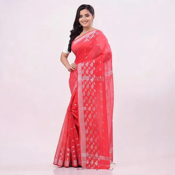 Red_Cotton_Blend_Traditional_Floral_Saree_With_Blouse_Piece_For_Women