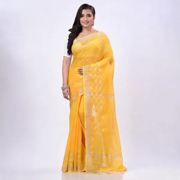 Yellow_Cotton_Blend_Traditional_Floral_Handloom_Saree_With_Blouse_For_Women