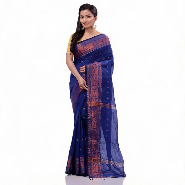 Blue_Cotton_Silk_Handloom_Traditional_Saree_With_Blouse_For_Women