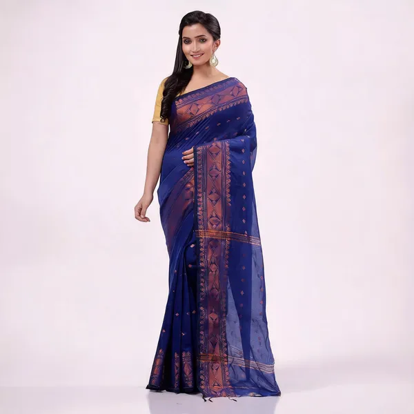 Blue_Cotton_Silk_Handloom_Traditional_Saree_With_Blouse_For_Women