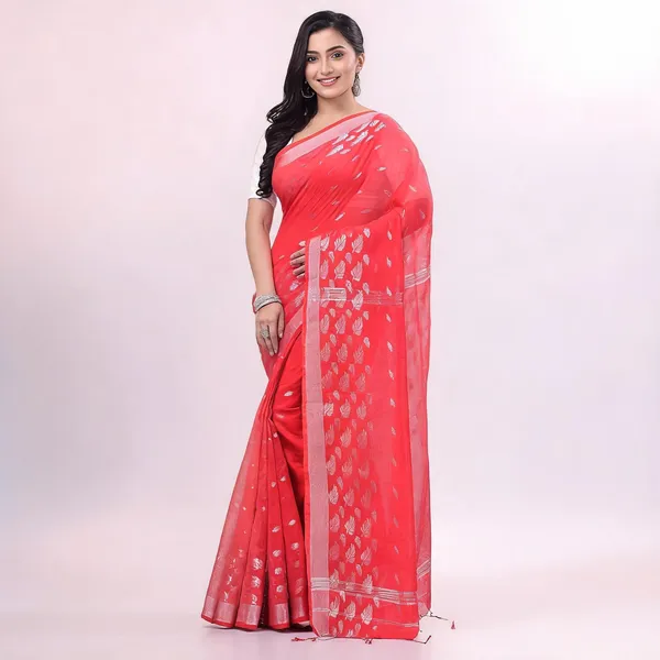 Red_Cotton_Blend_Tant_Silk_Handloom_Floral_Saree_With_Blouse_For_Women