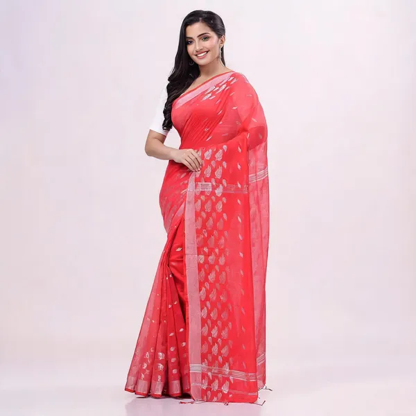 Red_Cotton_Blend_Tant_Silk_Handloom_Floral_Saree_With_Blouse_For_Women