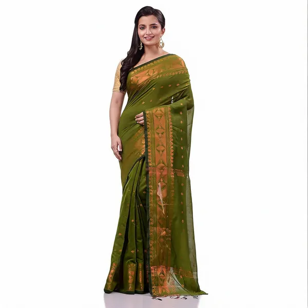 Green_Cotton_Silk_Handloom_Traditional_Saree_With_Blouse_For_Women