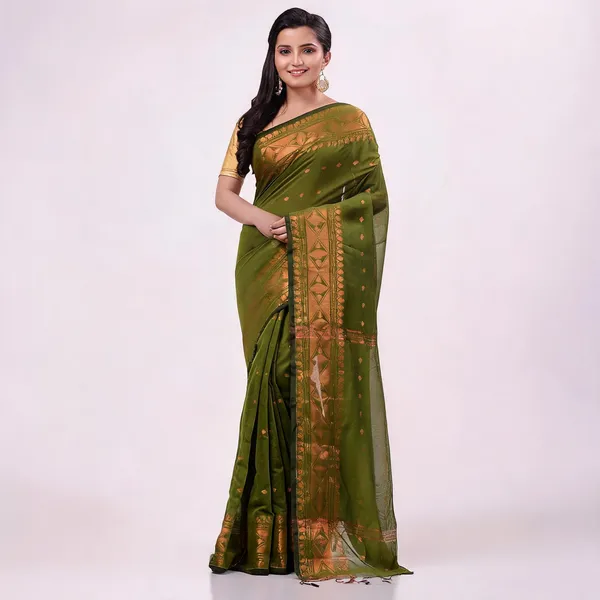 Green_Cotton_Silk_Handloom_Traditional_Saree_With_Blouse_For_Women