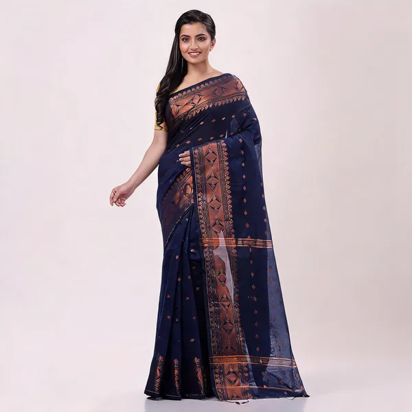 Dark_Blue_Cotton_Silk_Handloom_Traditional_Saree_With_Blouse_For_Women