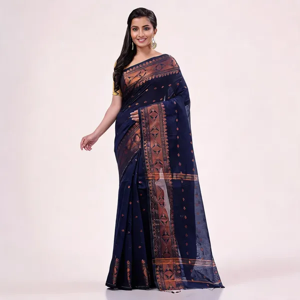 Dark_Blue_Cotton_Silk_Handloom_Traditional_Saree_With_Blouse_For_Women