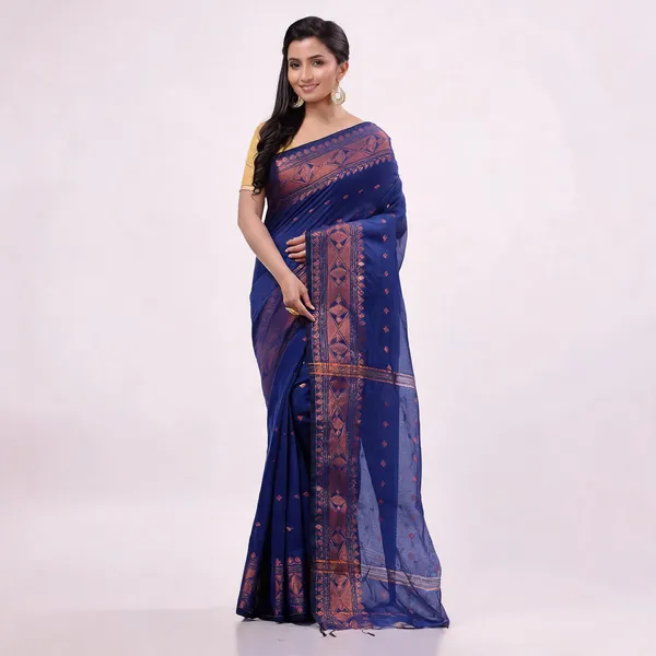 Blue_Cotton_Silk_Self_Design_Traditional_Saree_With_Blouse_For_Women
