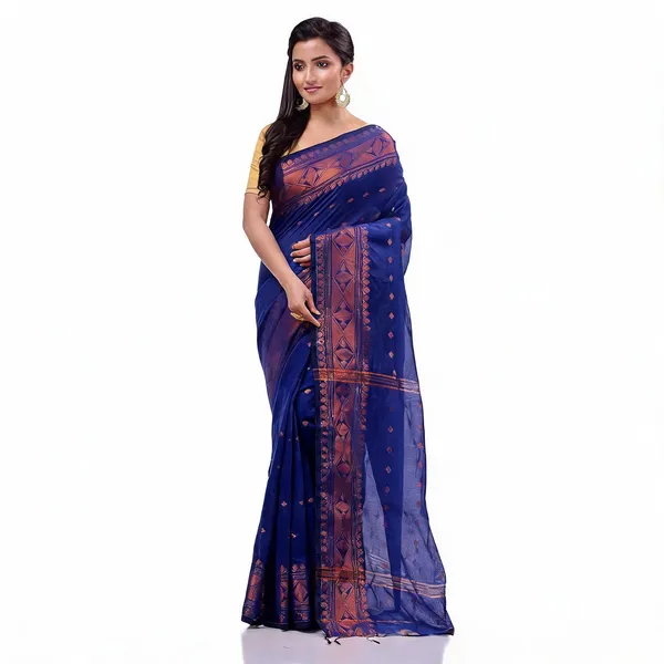 Blue_Cotton_Silk_Self_Design_Traditional_Saree_With_Blouse_For_Women