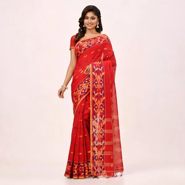 Red_Cotton_Silk_Handloom_Printed_Saree_With_Blouse_Piece_For_Women