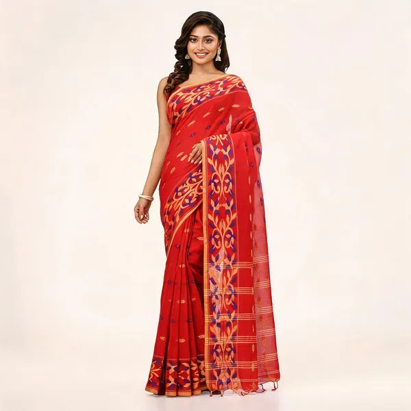 Red_Cotton_Silk_Handloom_Printed_Saree_With_Blouse_Piece_For_Women